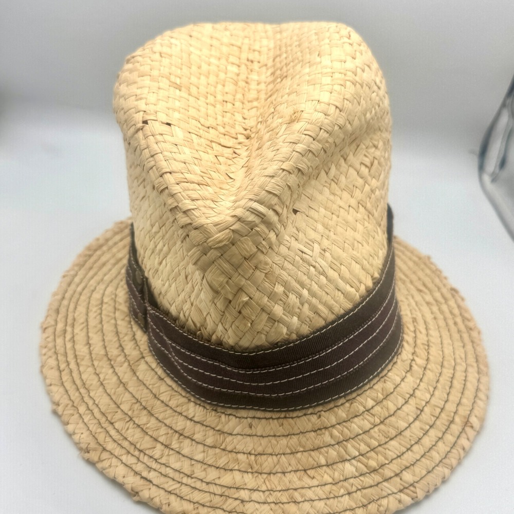 Lola Hats Straw Hat Brown Sun Hat Fedora Ribbon Band Studded Tan  XS Small 21 in